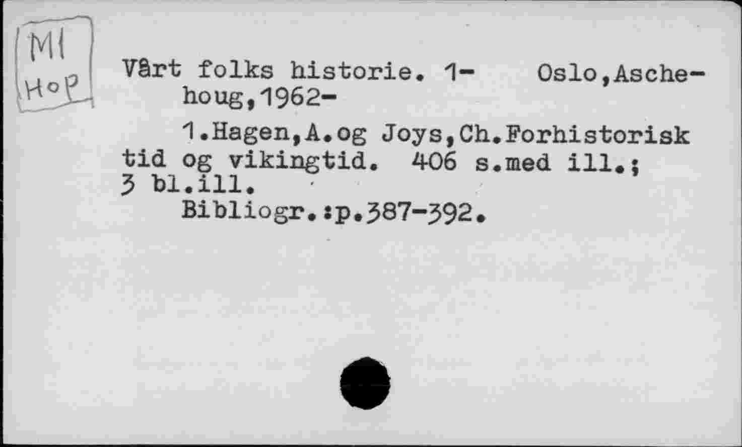 ﻿Vârt folks historié. 1- Oslo,Asche-houg,1962-
1.Hagen,A.og Joy s,Ch.Forhistorisk tid og vikingtid. 406 s.med ill. s 5 bl.ill.
Bibliogr.:p.387-J92.